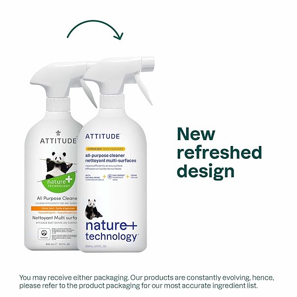 ATTITUDE ALL PURPOSE CLEANER SPRAY, EWG VERIFIED, VEGAN, MADE WITH 94% PLANT-BASED INGREDIENTS, STREAK-FREE FOR KITCHEN, BATHROOM, GLASS & MORE, CITRUS ZEST SCENT, 27.1 FL OZ
