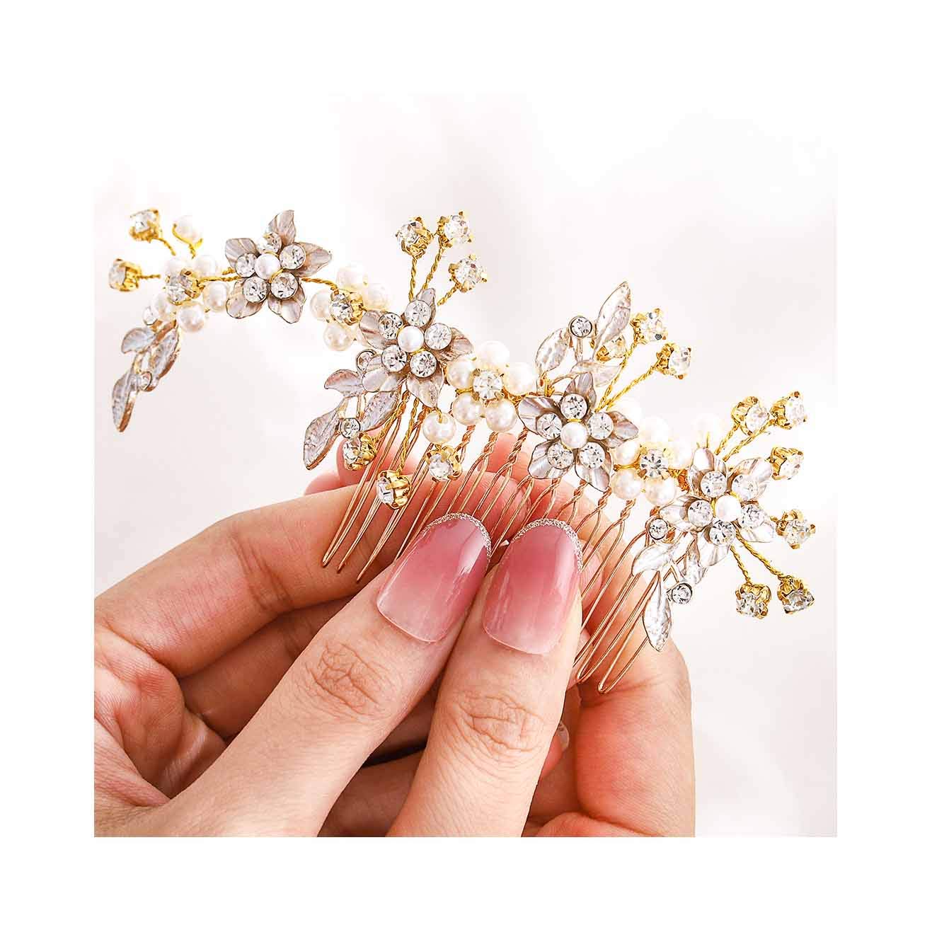 Fstrend Bridal Wedding Hair Comb Gold Rhinestone Flower Bride Hair Side Combs Clips Pearl Leaf Hair Accessories for Women and Girls (rose gold) : Beauty