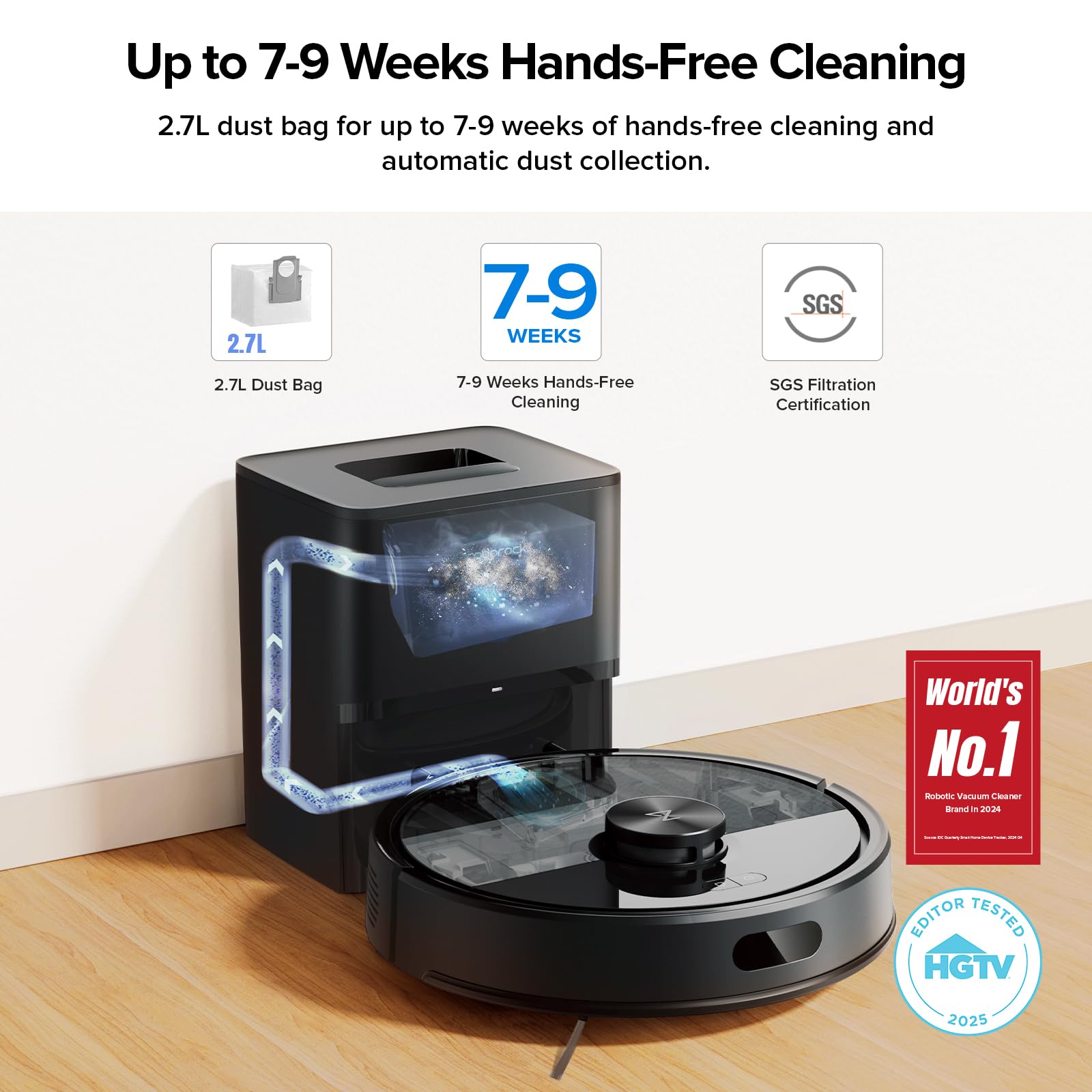 roborock Q7 M5+ Robot Vacuum and Mop, Upgraded from Q5 Max+, Up to 7-9 Weeks Self-Empty, 10000Pa Suction, Dual Anti-Tangle System for Pet Hair & Carpet, PreciSense LiDAR Navigation, App Control, Black