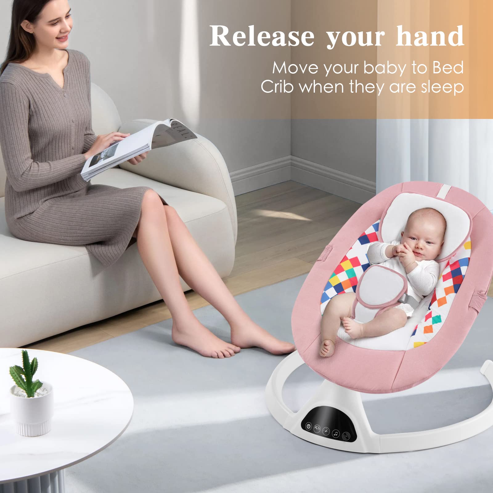 Baby Swing for Infants,Electric Bouncer for Babies,Portable Swing for Baby Boy Girl,Indoor Baby Rocker with 5 Sway Speeds,Music and Bluetooth,Light Pink