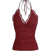 MakeMeChic Women's Halter Top Y2K Lace V Neck Ruched Low Cut Halter Tank Tops Camisole Tops