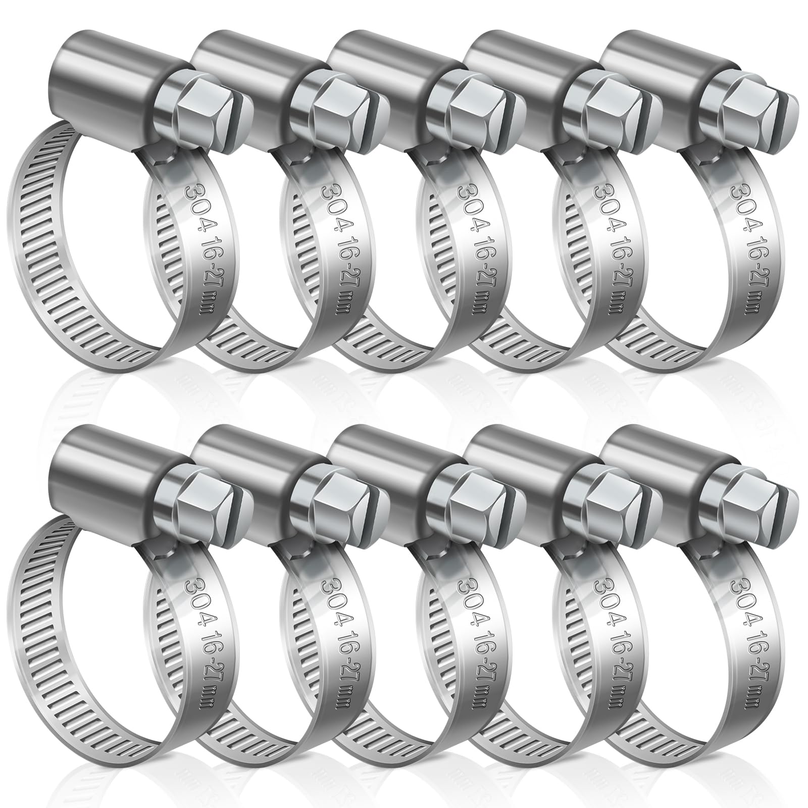 JatilEr 16-27mm Hose Clips, 10 Pcs Adjustable Hose Clamps 304 Stainless Steel Pipe Clips, Pipe Clamps Metal for Securing Hoses or Pipes for Vent Drain Exhaust Water