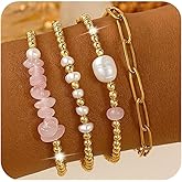 SHINUS BOHO 4Pcs Crystal Gemstone 14K Gold Rose Pink Quartz Beaded Paperclip Stack Bracelets Sets for Women，Stackable Natural Stone Pearl Bracelet Healing Stretch Trendy