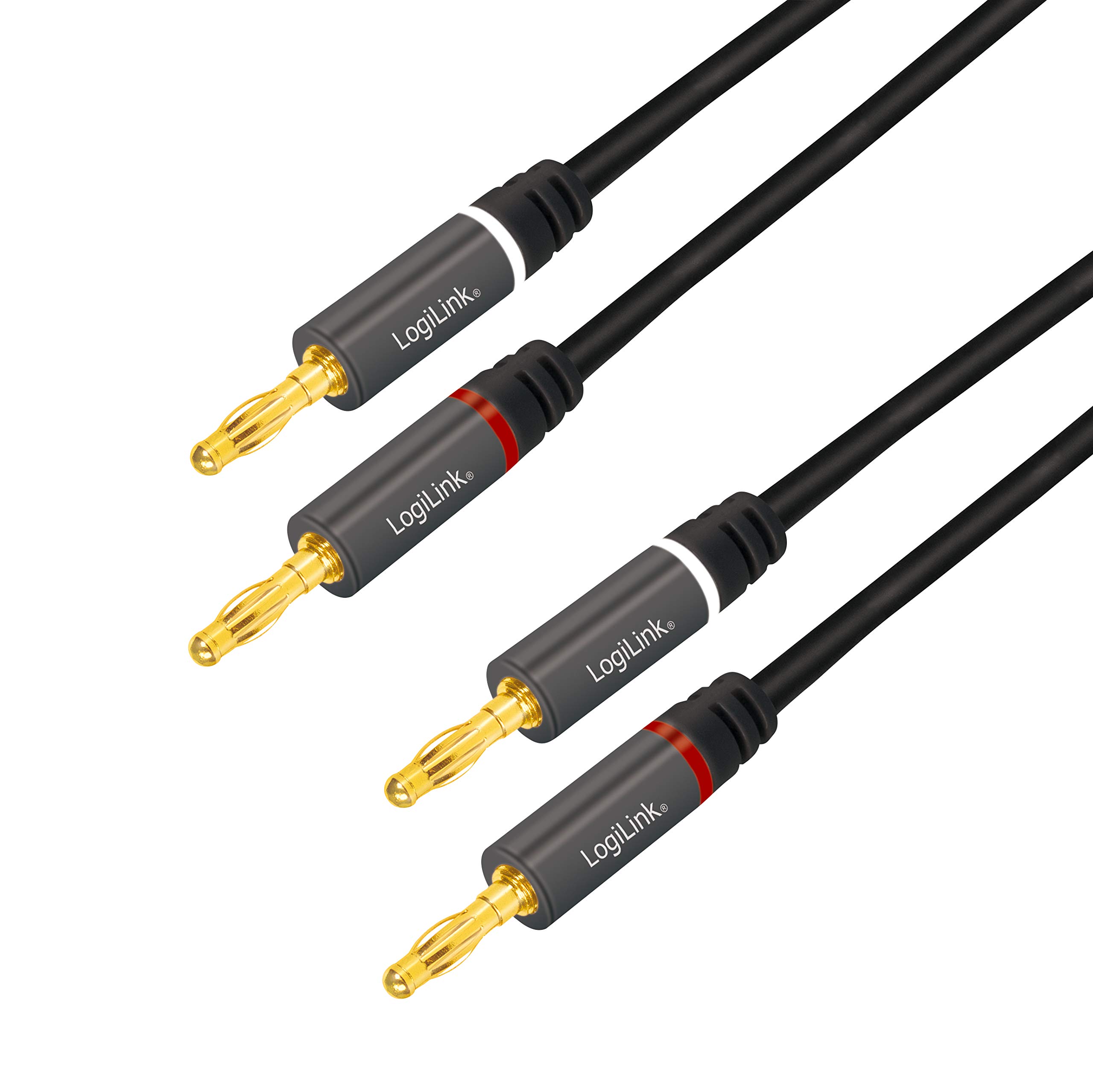 LogiLink CA1210 Speaker Cable 2x 2 Banana Plugs with Gold-Plated Contacts, Colour Coding and Nylon Outer Braid, 3 m