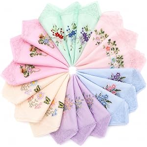 Dunjug 18 Pcs Floral Handkerchiefs for Women, 11"×11" Ladies Cotton Lace Handkerchiefs, Vintage Flower Embroidered Hankies fo