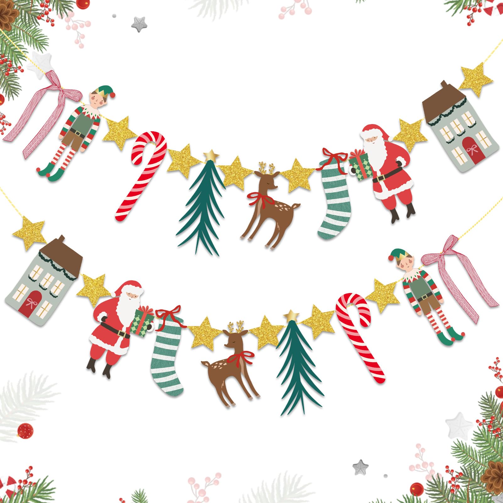 Photo 1 of 1 Merry Christmas Banner Christmas Party Decorations with Santa Claus Stocking Reindeer Candy Cane Garland Banner for Xmas Fireplace Holiday Home Window Indoor Decor New Year Winter Party Supplies