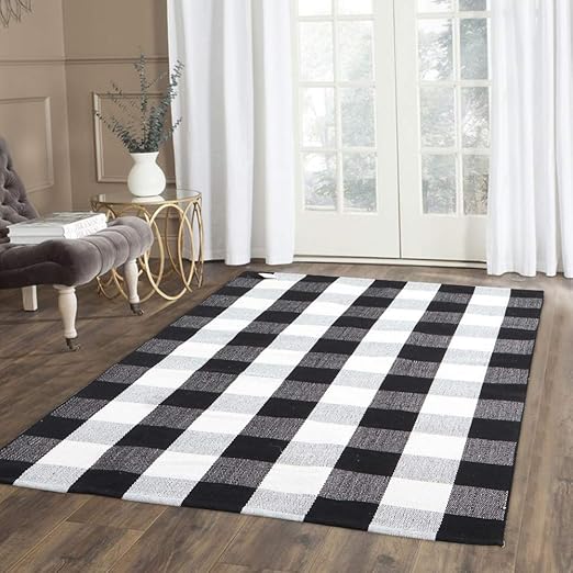 100 Cotton Plaid Rug, KIMODE Black/White HandWoven