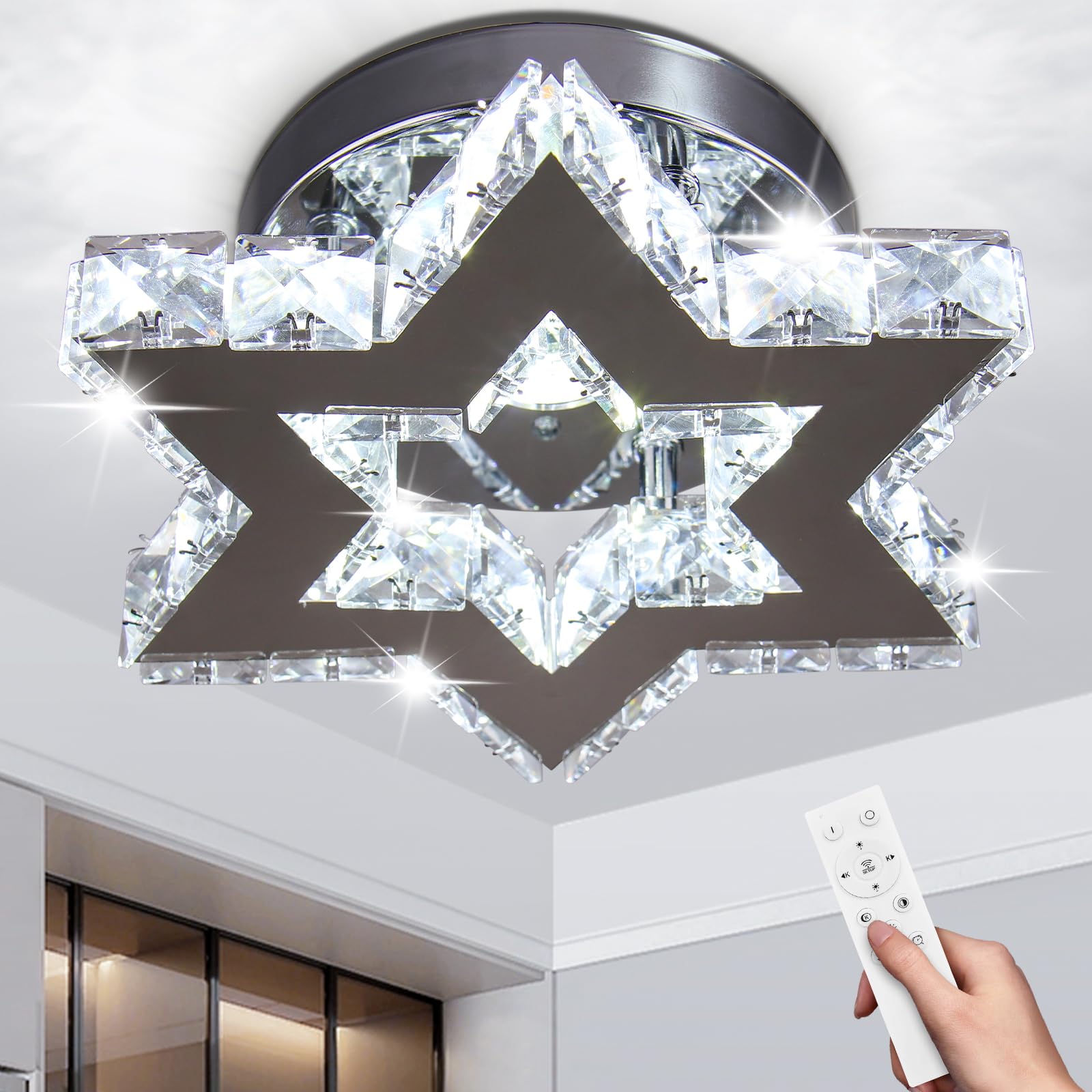Cainjiazh Mini Chandelier LED Crystal Chandelier Modern Dimmable Flush Mount Ceiling Light Fixtures with Remote Small Star Lamp for Hallway Foyer Kitchen,Stair,Closet,3 Colors Adjustable