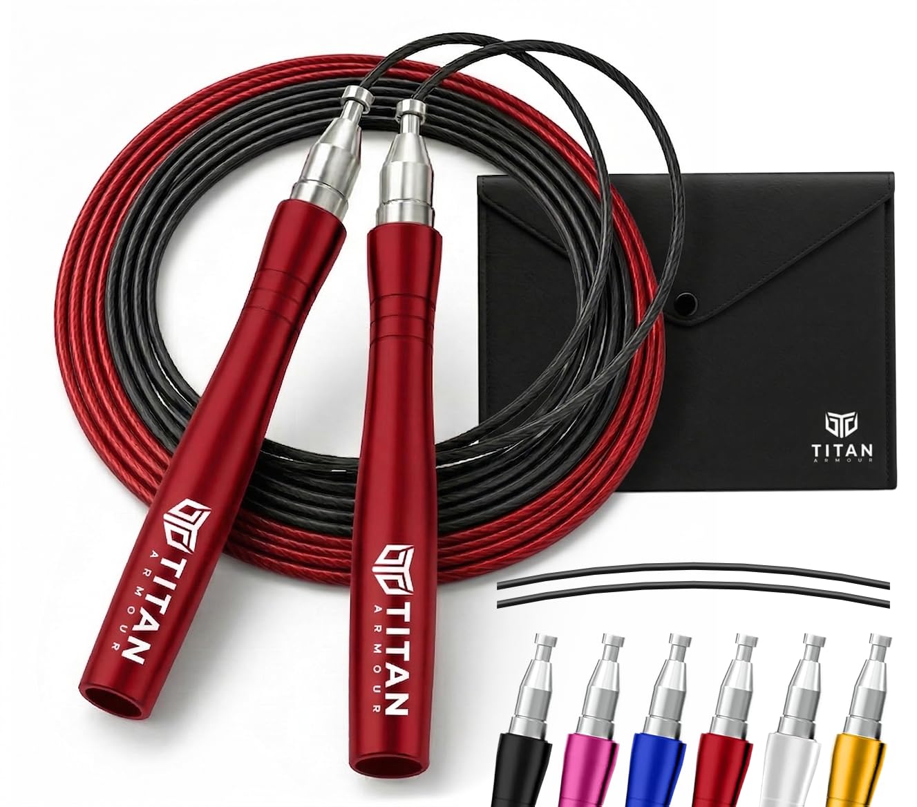 Titan Armour® Self-Locking & Adjustable, Adult Speed Skipping Rope | 2 x Steel Ropes 2.5mm, 3mm Thickness | Travel Case | Pro Jump Rope: Fitness, Crossfit, Boxing, MMA | UK Brand (Red)