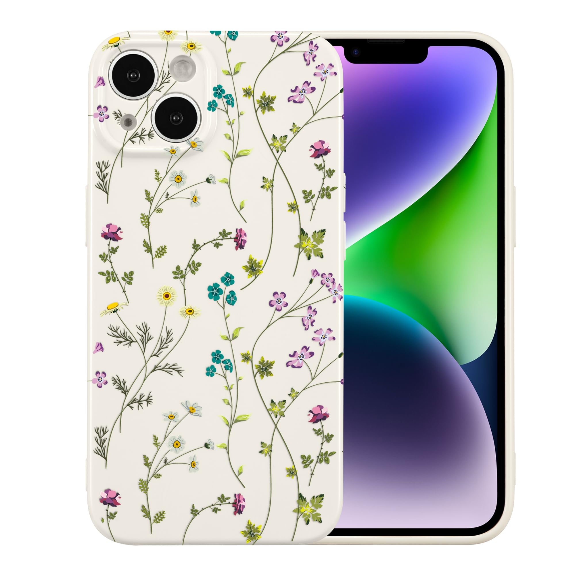 RALEAVO Flower Case for iPhone 14 (6.1”), Girls Floral Silicone Shockproof Case Cover with Cute Patterns Protective Case for iPhone 14-Beige — image 1