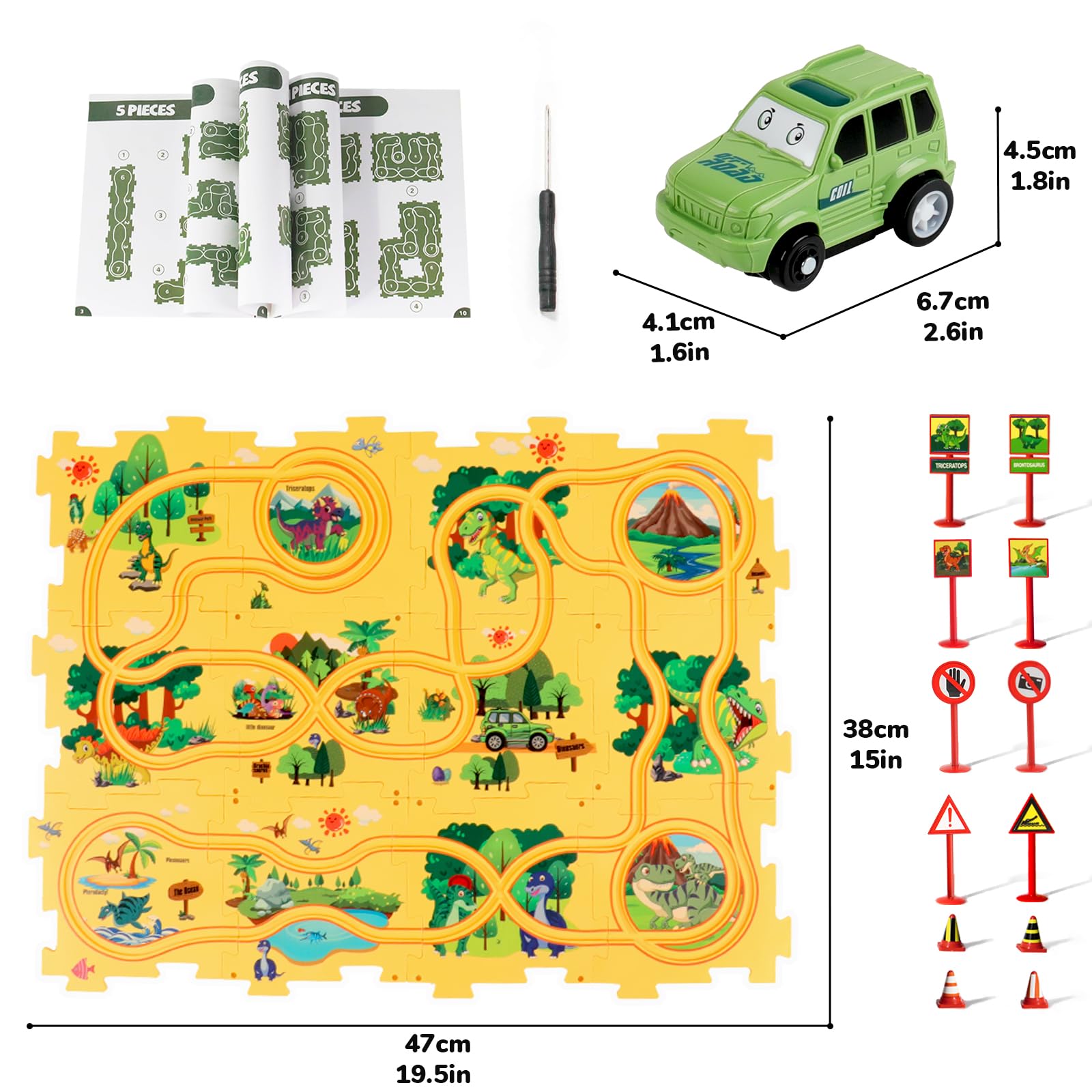Plastic Dinosaur Puzzles for Kids with A Cute Car, Montessori Toys for 2 3 4 5 6 Year Old Boys, Race Tracks for Kids 3-5, Toddler Puzzle Track Play Set, Gifts for 2 3 4 5 6 Year Old Boys Toys