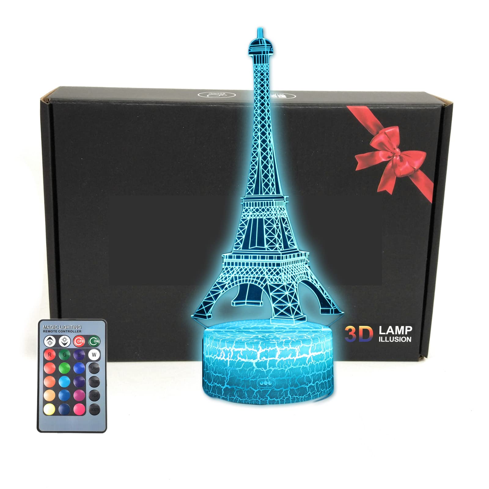 MARZIUS World Landmark Building 3D Illusion LED Table Lamp Night Light with Greeting Card,Luminous Base,16 Colors Change,Remote Control,Funny Gift for Men, Women, Kids, Boys, Teens (Eiffel Tower)