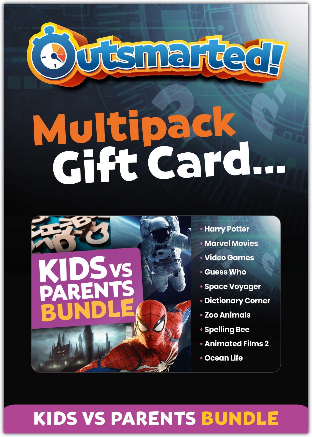 OUTSMARTED! - The Live TV Quiz Show - Multipack Gift Card - Kids vs Adults Question Bundle - Over 700 Questions, Family Games Night - Ages 8+
