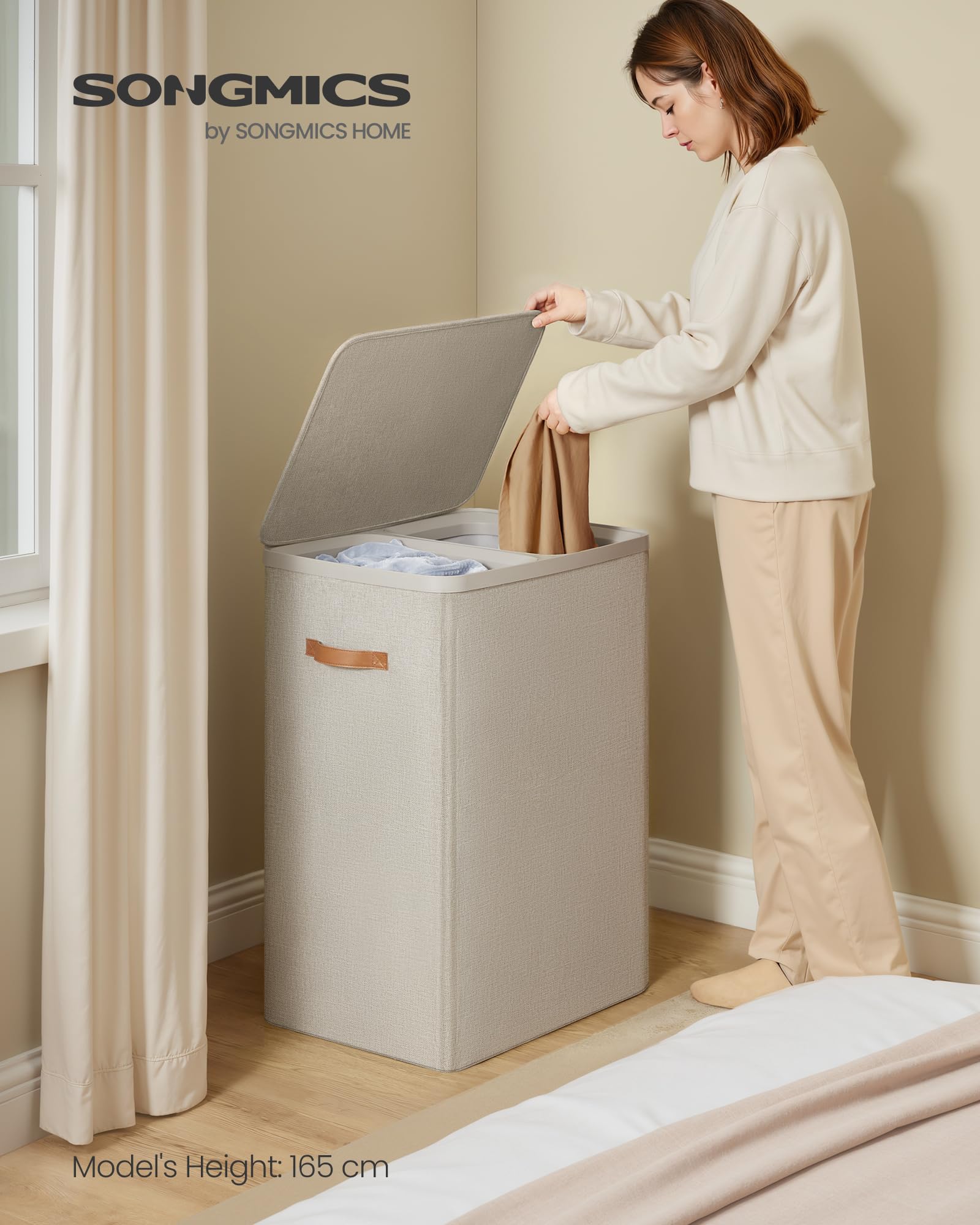 SONGMICS Laundry Basket, 44.9 Gal. Laundry Hamper, 2 Compartments, Easy Assembly, with Lid and Handles, Removable Inner Bags, 22 x 15.7 x 29.5 Inches, Cappuccino Beige ULCB813L01