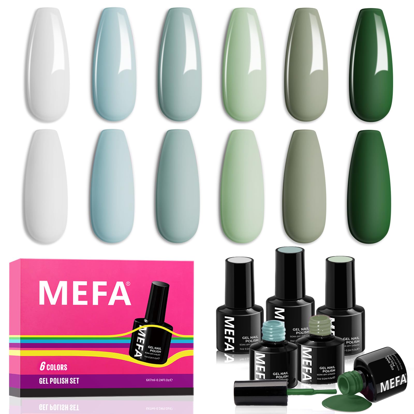 Photo 1 of MEFA Green Gel Nail Polish Set 6 Colors, Sage Green Mist Blue Light Grey Dark Olive Shades Earth Tone Gel Polish Matcha Avocado Soak Off Nail Art Design Home Manicure Kit Gifts St. Patrick's Day