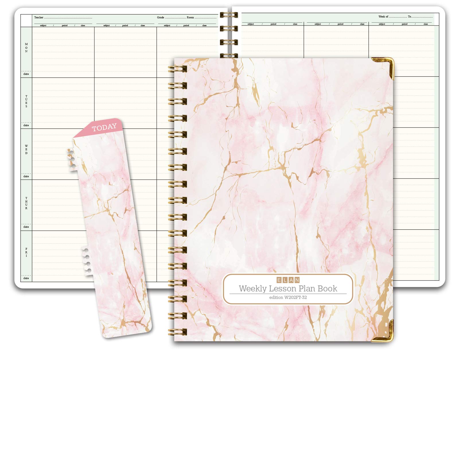 Photo 1 of Elan Publishing Company HARDCOVER 6 Period Teacher Lesson Plan - Days Vertically Down The Side with Bonus Clip-in Bookmark (Pink Marble)
