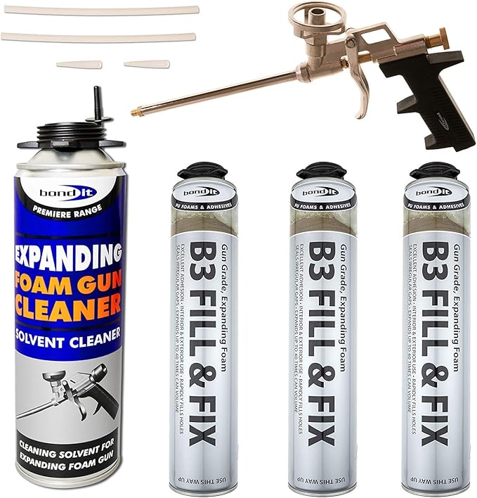 Kit 3 x 750ml Expanding Foam Cans, 1 x Professional Gun, 1 x 500ml