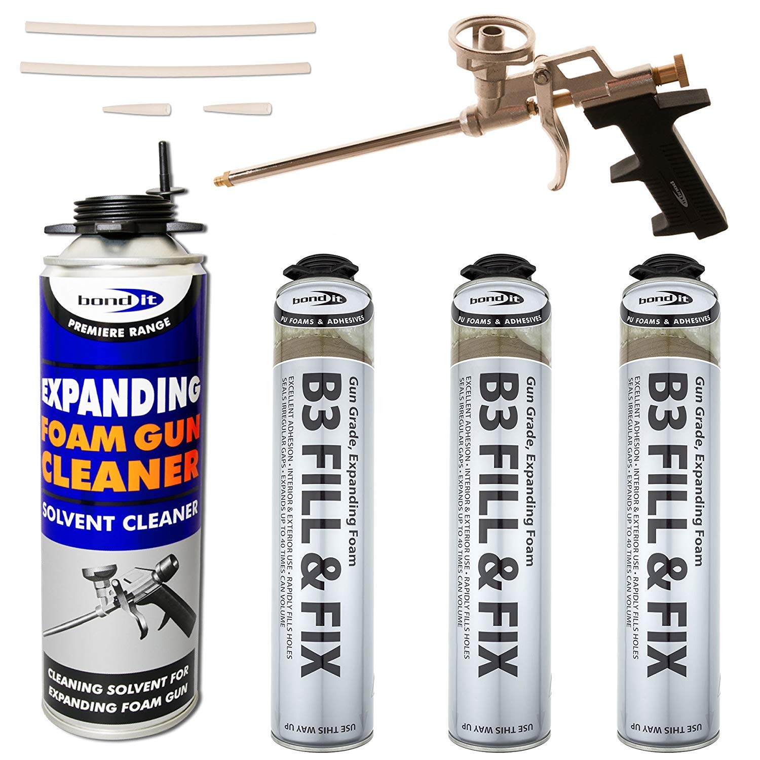 Kit 3 x 750ml Expanding Foam Cans, 1 x Professional Gun, 1 x 500ml