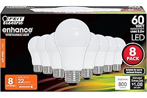Feit Electric A19 LED Light Bulbs, 60W Equivalent, Dimmable, E26 Standard Base, 90 CRI, 800 Lumens, 2700K Soft White, 120V, 22 Years Lifetime, Damp Rated, 8 Pack, OM60DM/927CA/8