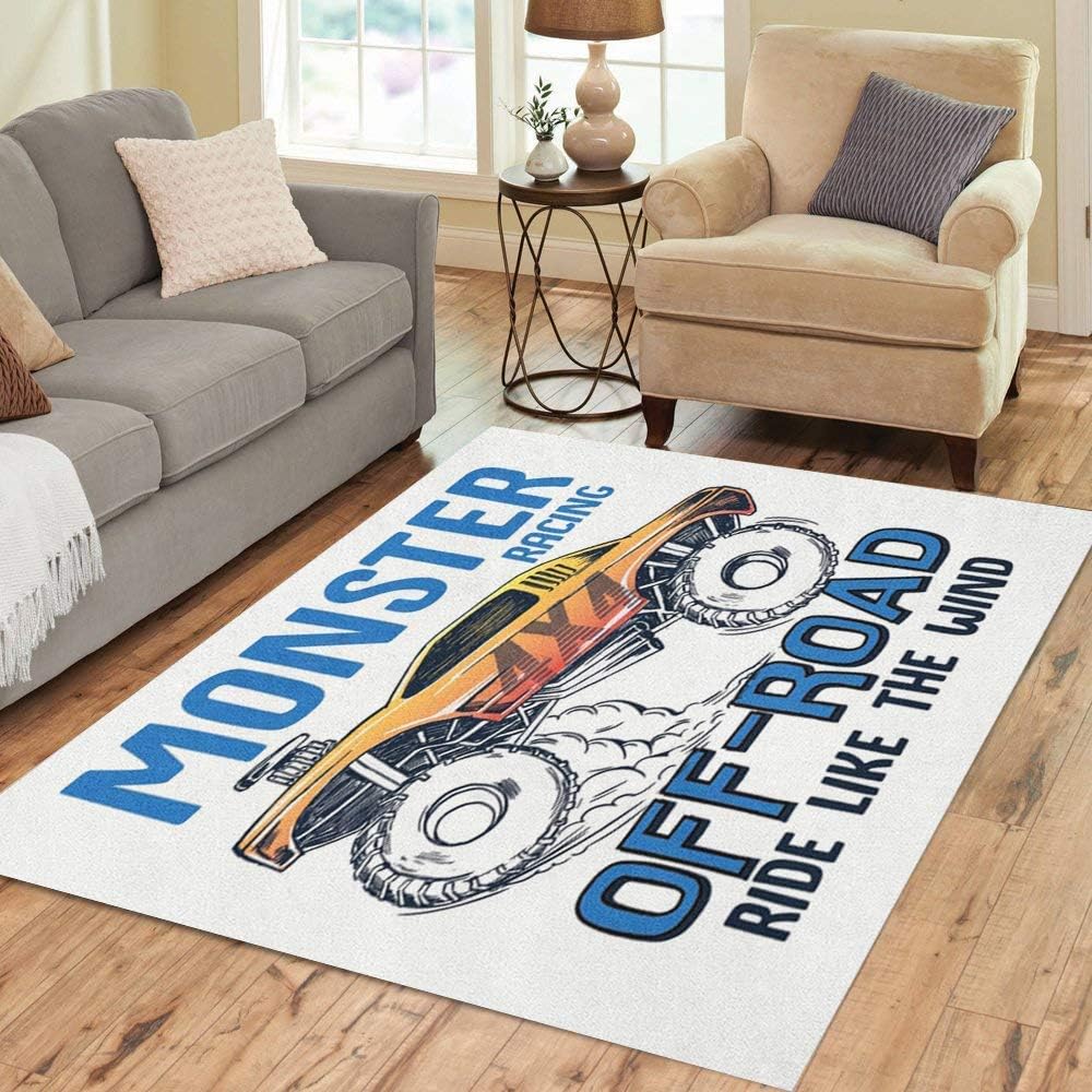 63X48 inch Area Rug Boy Cartoon Monster Truck and Tee Baby Road Home Decor Floor Rug Carpet