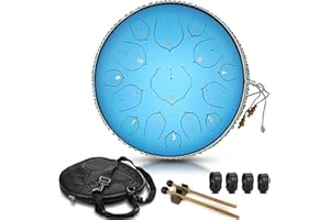 AOGBRA Steel Tongue Drum, 15 Notes 14 inch D-Key Handpan Percussion Instrument - Tank Chakra Drums with Padded Travel Bag, 2 Mallets, for Meditation, Decompression, Music and Gift (Aqua Blue)