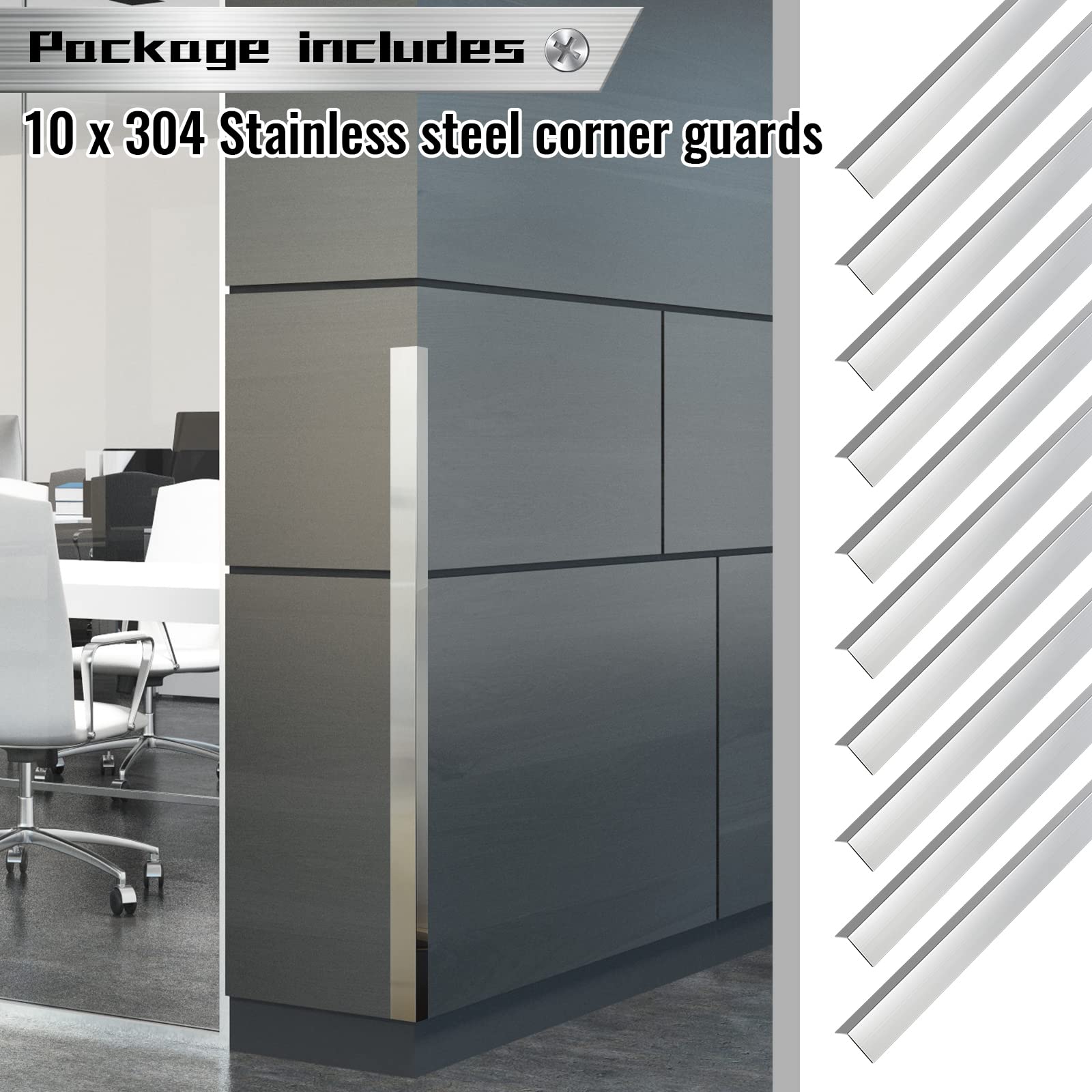 Therwen 10 Pcs Self Adhesive Stainless Steel Corner Guards Wall Corner Protector Pack Metal Corner Trim with 90 Degree Angle for Wall Protection Decoration Accessories (1.5 x 1.5 x 36 Inch)