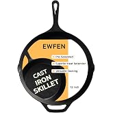 EWFEN Cast Iron Skillet 12 Inch, Pre-Seasoned Frying Pan, Heavy-Duty Professional Restaurant Chef Quality Cookware with Drip Spout, Indoor &amp; Outdoor Use, Compatible with Oven, Stove, Grill &amp; Campfire