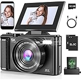 5K Vlogging Camera 80MP Digital Camera for YouTube, WiFi Autofocus and Anti-Shake, with 3'' 180°Flip Screen, 18X Zoom, 32GB SD Card,2 Batteries, Compact Portable Travel Camera for Beginner(Black)