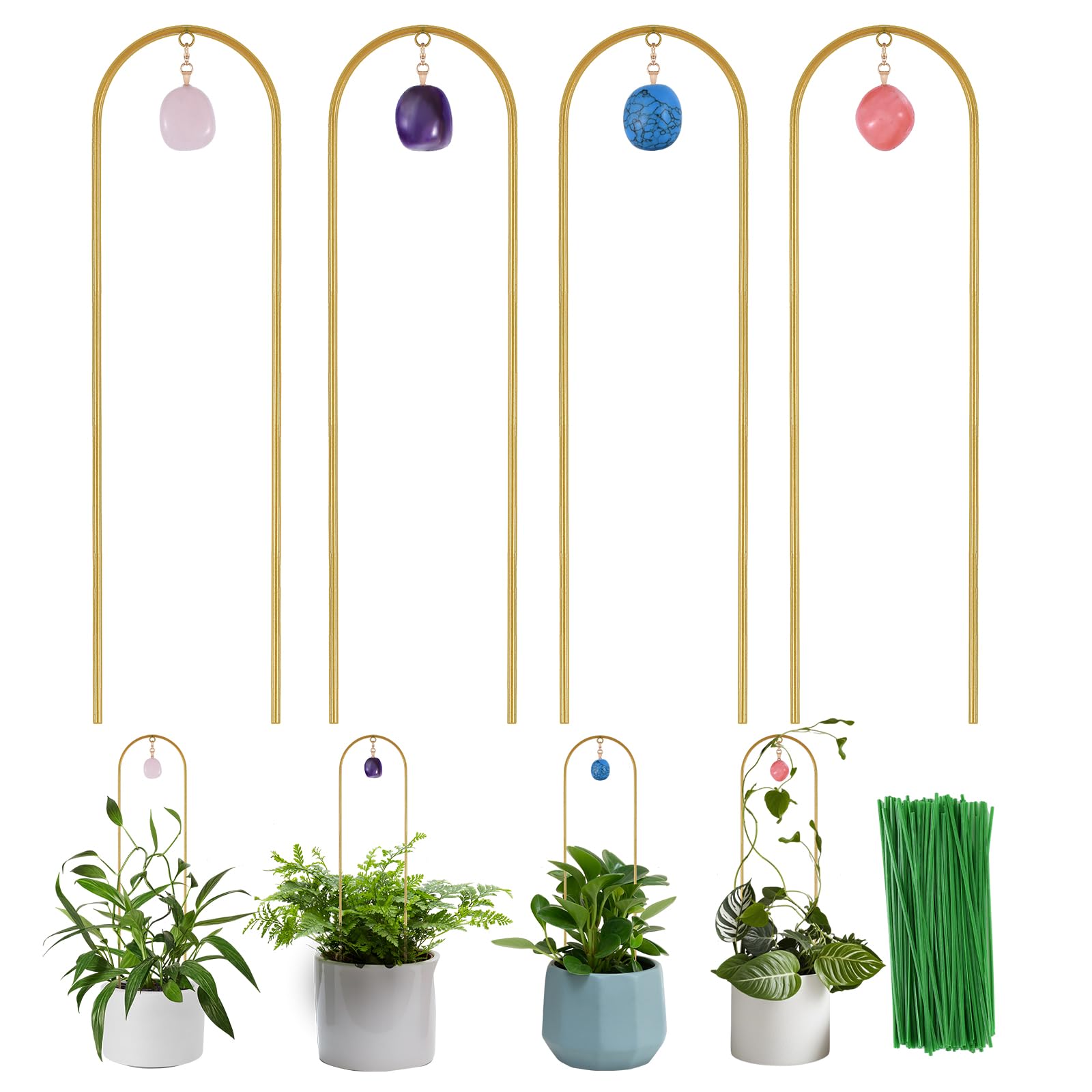 Photo 1 of Wellsign Plant Trellis for Climbing Plants, 15.75 inch Garden Small Metal Arch Glod Trellis for Potted Plants Indoor Outdoor with Natural Stone Decor for Vine Ivy Flower Support 4 Pack