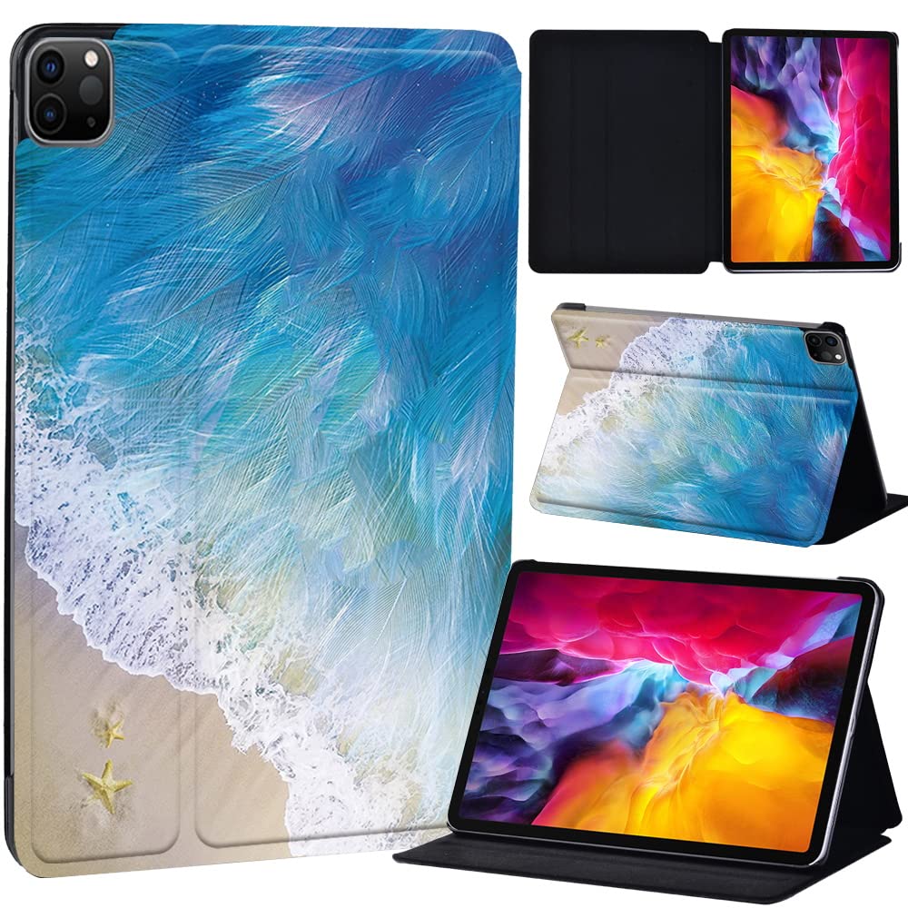 PU Leather + hard shell Ultra slim lightweight Folio Flip Tablet Stand Smart Cover Case Fit iPad Air 4 10.9" (2020) / iPad Pro 11" (2018 2020 2021) (feather beach)