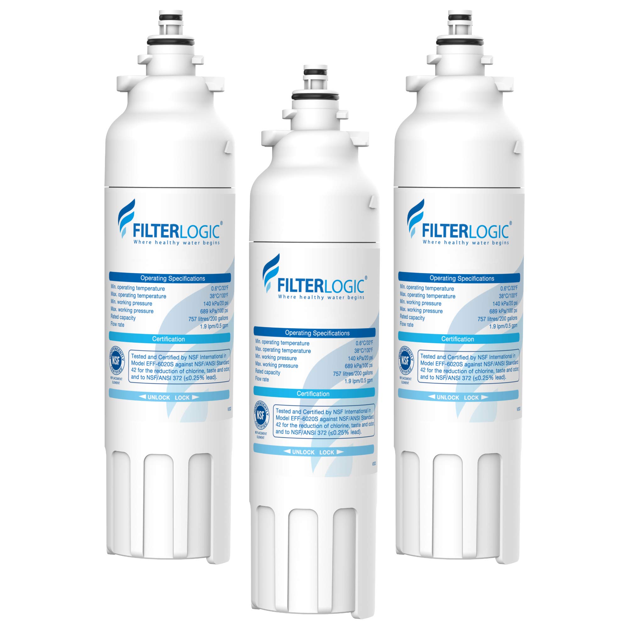 FilterLogic ADQ73613401 Refrigerator Water Filter, Replacement for LG LT800P, ADQ73613402, ADQ73613408, ADQ75795104, Kenmore 9490, 46-9490, LSXS26326S, LMXC23746S, LMXC23746D (Pack of 3)