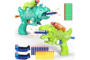 HAPPITRY Dinosaur Toy Guns for Toddlers 3 4 5 6 7 8 Years Old, Idea Gift for Boys Birthday Valentines Easter Christmas Stocking Stuffers, Dino Blaster for Kids with 30 Foam Darts Compatible with Nerf, 2 Pack