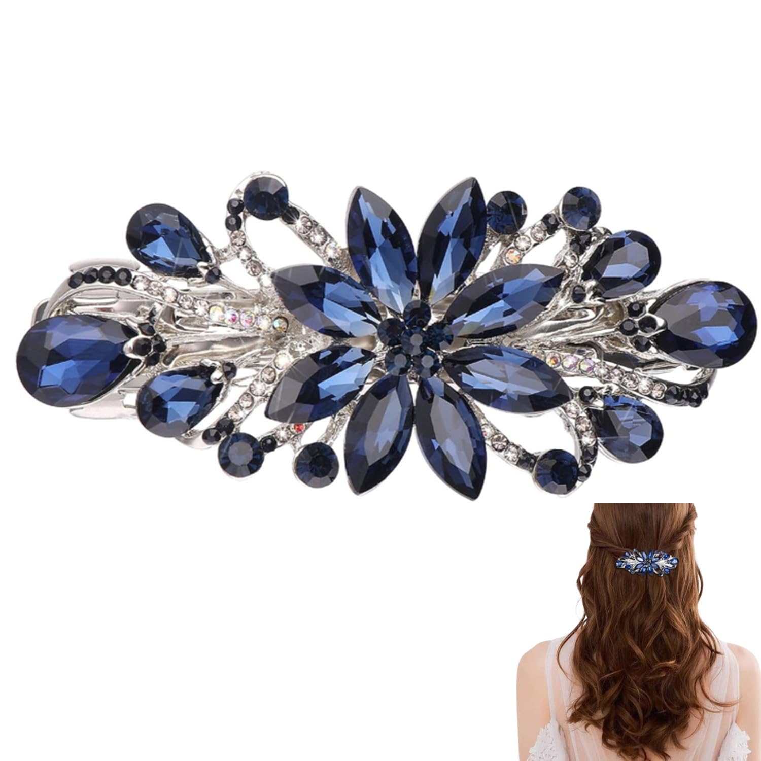 Rhinestone Hair Clips for Women, Flower Barrette Vintage Bling Crystal Hairclips, Blue Leaf French Hair Accessories, Decorative Hair Clips