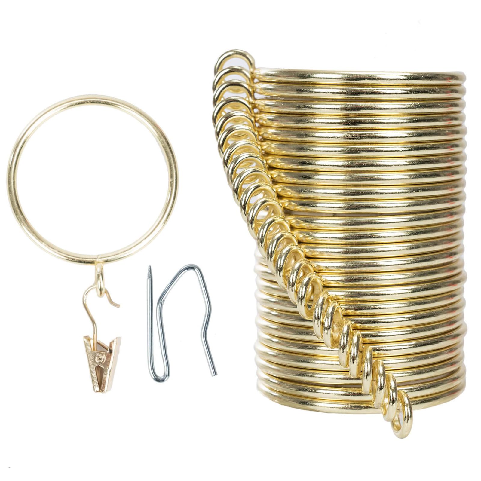 Curtain Rings and Hooks Clip,25mm Inside Diameter,Complete Set with Curtain Pole Rings, Hooks and Clips Pack of 24 Curtain Rings for Two Standard Curtains Gold TXZWJZ