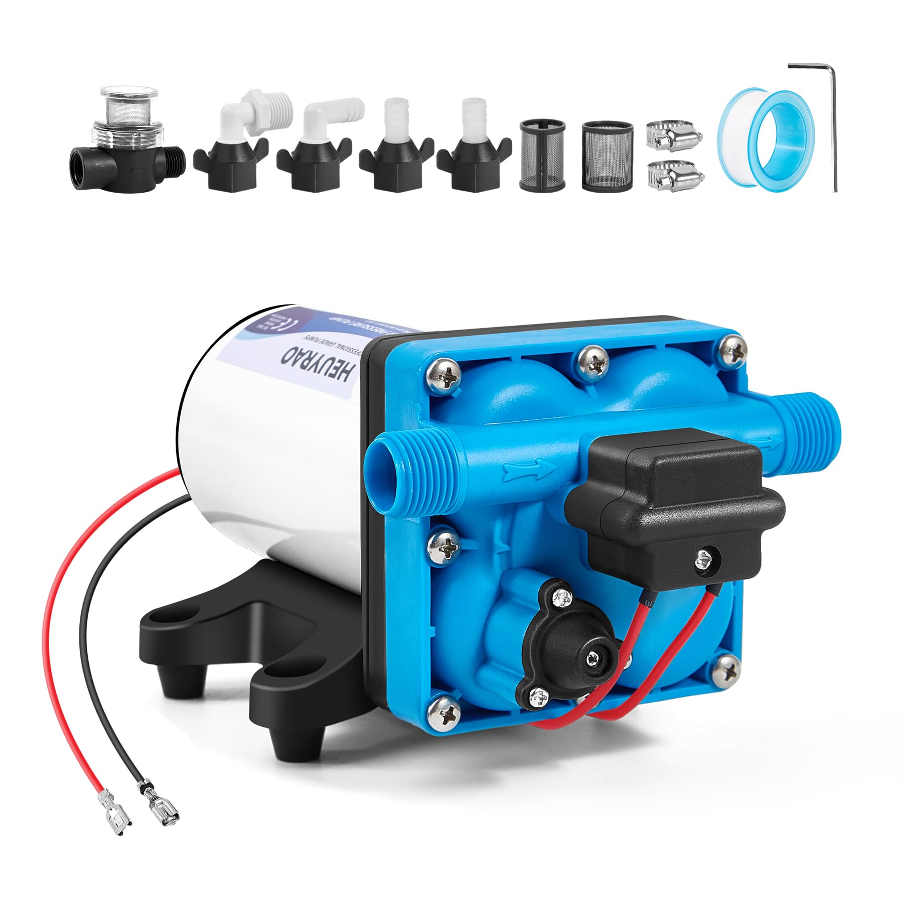 Photo 1 of Heuyrao Rv Water Pump 12V DC Quiet 5.5GPM 70PSI,4 Chamber Self Priming Diaphragm Fresh Water Pressure Pump with Pressure Switch Strainer for RV Marine,Camper,Boat,Garden,Travel Trailer