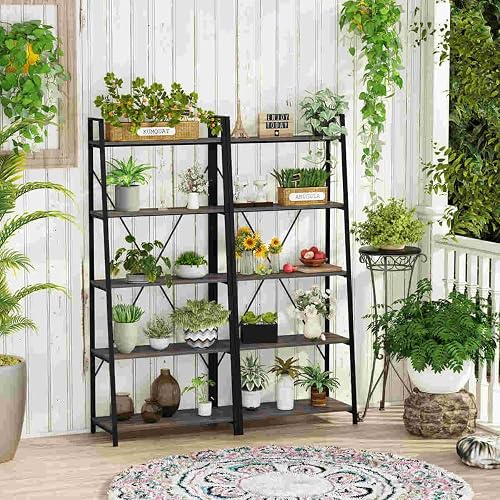 BON AUGURE 5-Tier Ladder Shelf, Industrial Leaning Bookcase, Wood And Metal Ladder Bookshelf For Living Room Bedroom Kitchen Home Office Dark Grey Oak