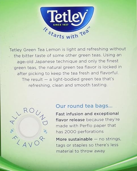 TETLEY NATURAL GREEN TEA, LEMON GREEN TEA, 72 TEA BAGS, RAINFOREST ALLIANCE CERTIFIED