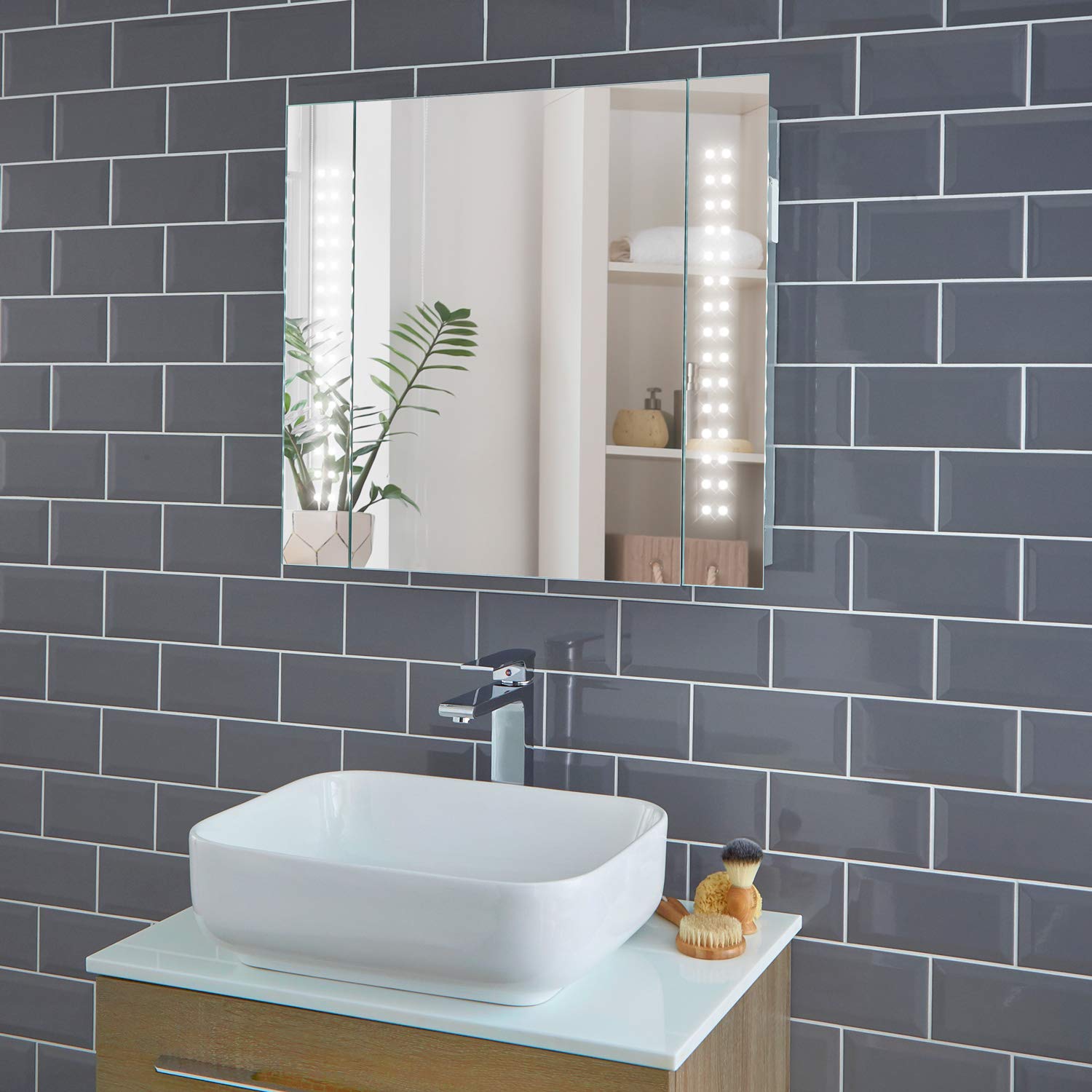 Pebble Grey Illuminated Bathroom Mirror Cabinet with LED Lights 650x600mm - Rowan LED Bathroom Mirror Cabinets with Lights, Shaver Socket & Heated Demister Pads, Lighted Medicine Cabinet for Storage