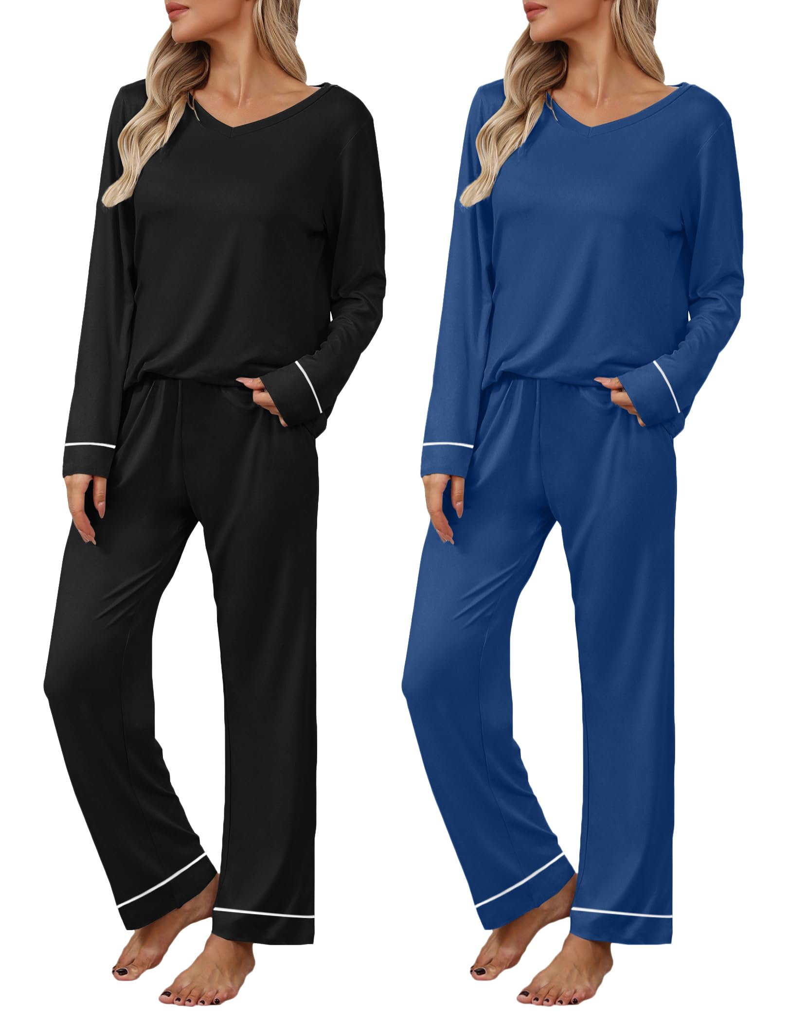 Ekouaer Womens 2 Pack Pajama Set Long Sleeve Pajamas Top and Pants V Neck Pjs Set Soft Loungewear with Pockets Black,navy Blue Image