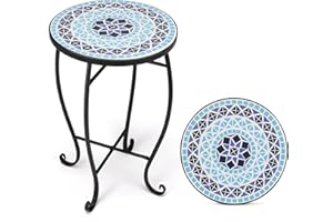 VINGLI Mosaic Accent Table, 14" Round Side Table,End Table, Plant Stand Decor for Patio Porch Beach Theme Balcony Back Deck Pool Indoor Outdoor Coffee, Metal Cobalt Glass Top Black Iron(Blue Ocean)