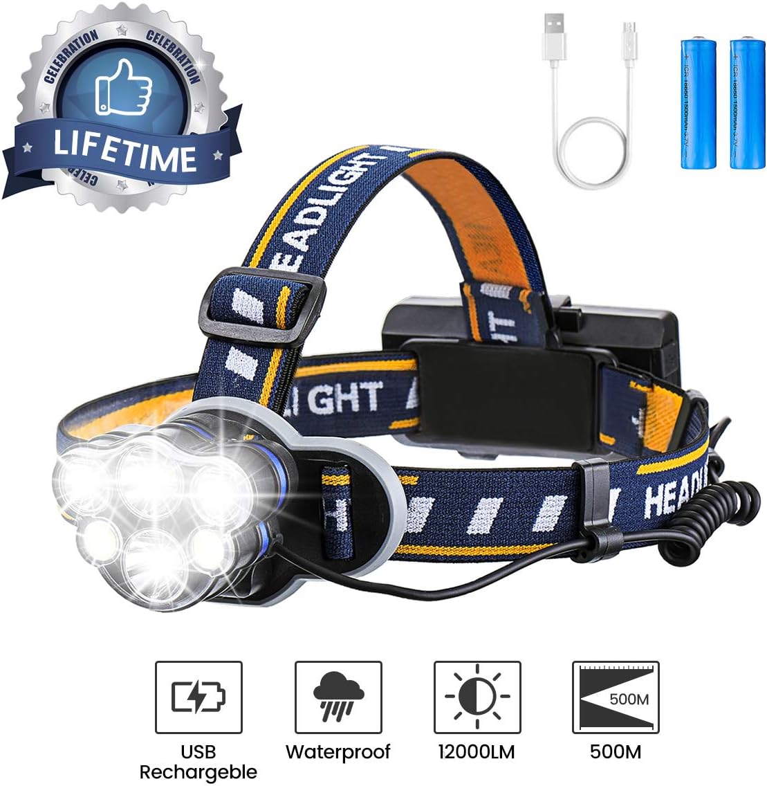 Rechargeable Headlamp, OUTERDO 12000 Lumens 6 LED 8 Modes USB Rechargeable HeadLight with 2 Batteries, Waterproof LED Head Torch Rechargeable Headlamp Flashlight for Camping, Fishing, Cellar, Outdoors - - 