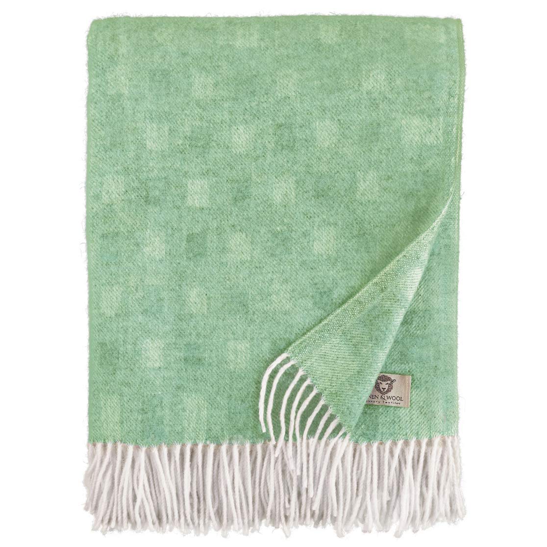 Linen & Cotton Soft Checked Throw/Blanket Emma - 100% Fine Merino Wool, Apple Green/White (140 x 200cm) Knee/Warm Plaid for Sofa Bed Couch Settee Armchair Bedspread Single Double Lambswool