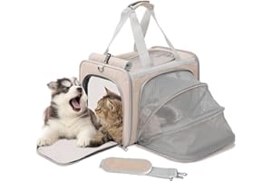 H.S.C PET PRODUCE HSC PET Small Dog Bag Cat Carrier,Khaki,Soft Puppy Bunny Sturdy Transport Totes,1Side Expandable Style Soft-Sided Travel Handbag for Large Cats,Airline Approved, MAX 18lb((Khaki,1Side Expandable)