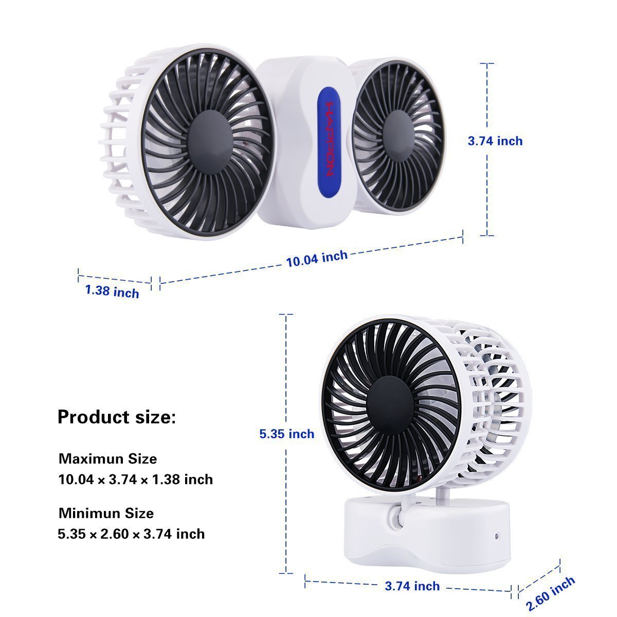 DinoPure Quiet Couples Mini Fan Portable Dual Head USB Rechargeable Foldable 180 Degree Rotation Desktop 3 Adjustable Speed Small Fan with LED Light (white)
