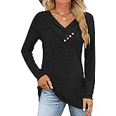 FMEYOA Women's Fall Long Sleeve Tunic Tops for Leggings V Neck Button Casual Blouse Sweatshirt