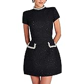 Wirunsy Pearls Square Neck Tweed Mini Dress Long Sleeve Short Prom Cocktail Pary Dress