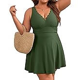 Charmo Women Plus Size Swimdress One Piece Swimsuit Ruched Tummy Control Bathing Suit Scalloped V Neck Flowy Swimwear