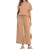 COSSEN Womens 2 Piece Outfits Summer Short Sleeve Tops and Cropped Wide Leg Pants Pj Loungewear Sets
