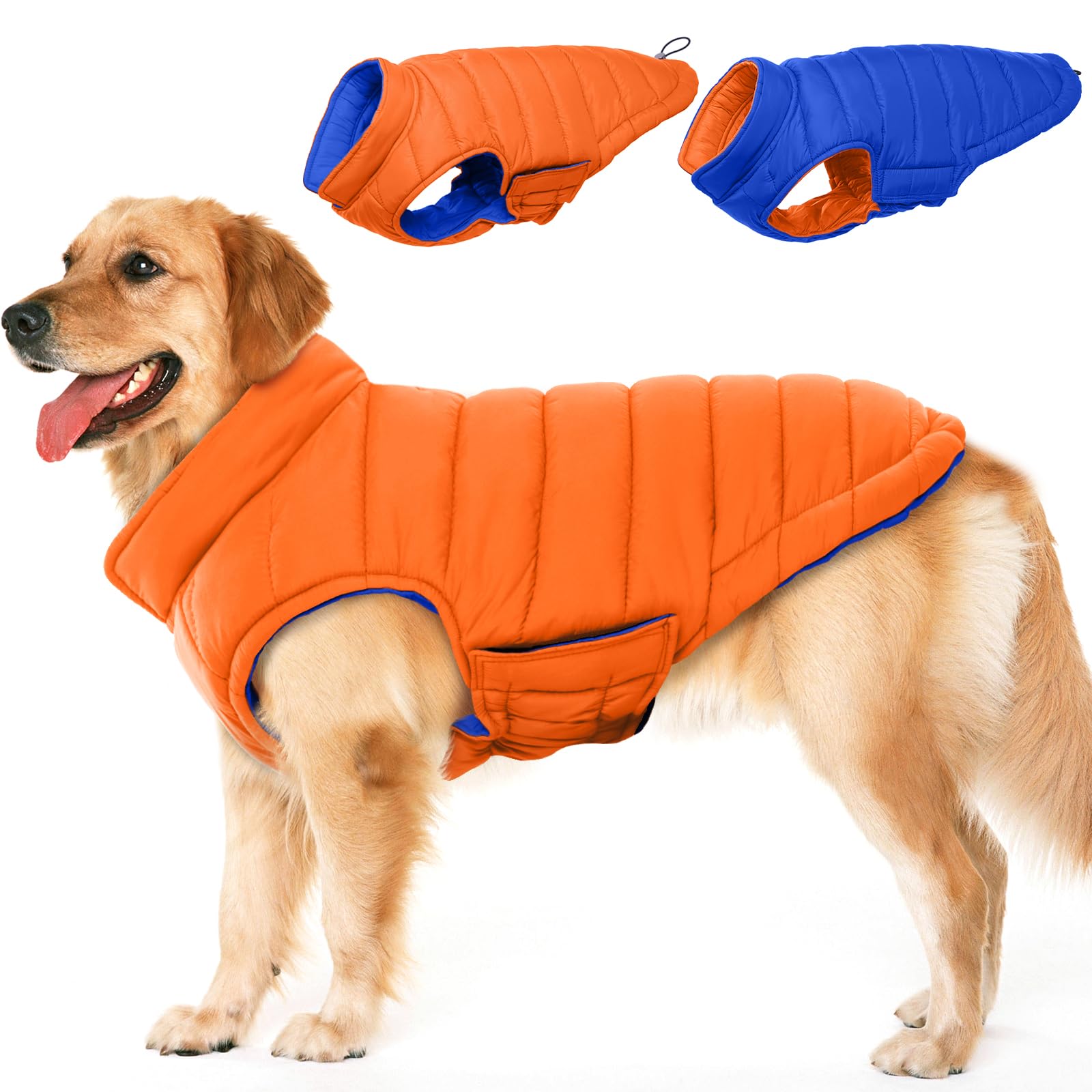 Lelepet Reversible Dog Winter Coat, Warm Waterproof Jacket for Large dogs, Puppy Winter Puffer Jacket, Windproof Dog Vest, Easy on/Off, Orange 2XL