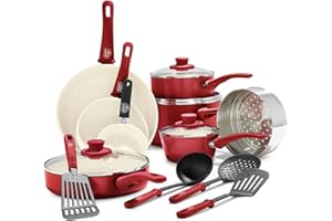 GreenLife Soft Grip Healthy Ceramic Nonstick 16 Piece Kitchen Cookware Pots and Frying Sauce Pans Set, PFAS-Free, Dishwasher Safe, Red